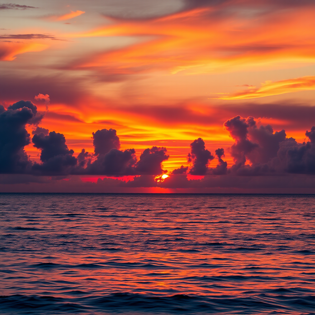 Create a high-resolution image of a vibrant sunset over a calm ocean scene with rich colors and dramatic clouds, taken with a Canon EOS R5, 24mm f/1.4 lens, ISO 100, aperture f/8, shutter speed 1/200 sec, in landscape orientation.