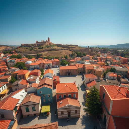 Capture a vibrant aerial view of a historical square surrounded by colorful buildings and a distant hill topped with ruins, using a Canon EOS R5 with a 24mm f/1.4 lens, ISO 200, shutter speed 1/250s, aperture f/8, and a clear sunny day to enhance the image quality and depth.