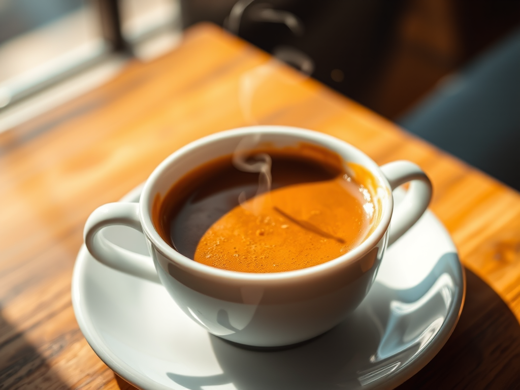 A steaming cup of coffee on a saucer, close-up view, soft focus, natural light, shot with a 50mm lens at f/2.8, ISO 100, vivid colors, high contrast.