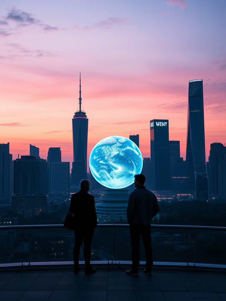 Create a futuristic city skyline at dusk with a glowing globe and two silhouetted figures observing, use a DSLR camera with a 50mm lens, f/1.8 aperture, ISO 100, and a low-angle view for dramatic effect.
