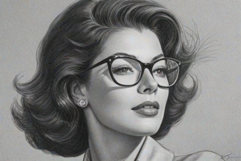 Graceful Ava Gardner, pencil sketch, portrait of Fascinating woman 1966s in glasses, hair style beatnik, outline, clear lines, fine lines, 8k