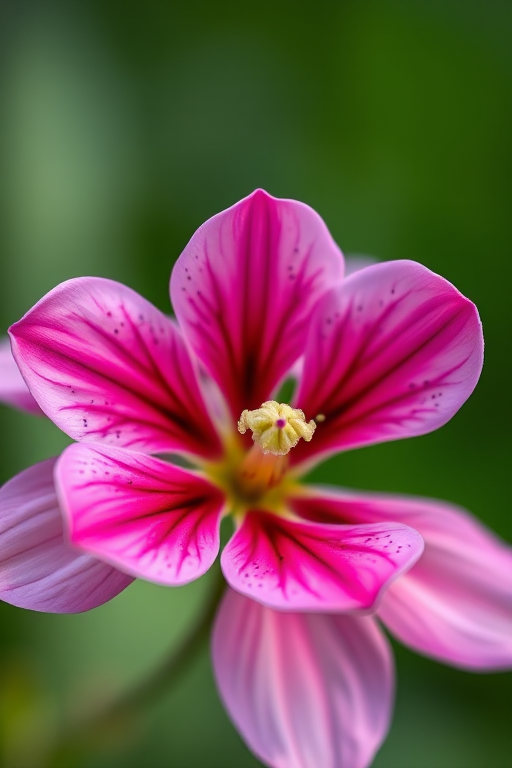 macro shot of a pink and speckled flower on a blurred green background, aperture f/2.8, ISO 100, shutter speed 1/200s, 100mm lens, natural light, DSLR camera