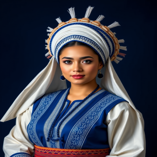Portrait of a woman in a traditional blue and white costume with a large decorative headdress, soft studio lighting, ISO 100, aperture f/4, 85mm lens, shallow depth of field, on a dark blue backdrop.