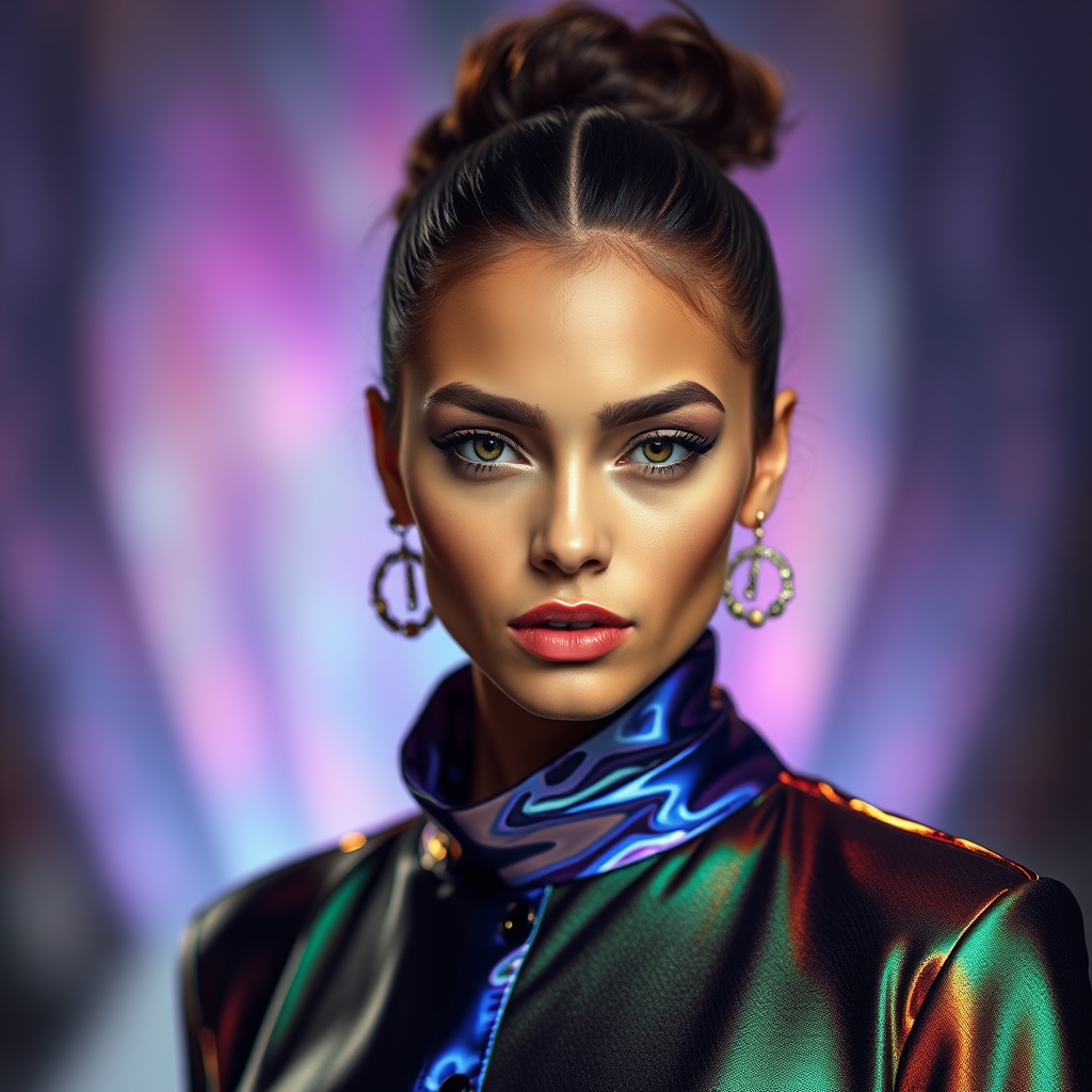 Runway capture, a beautiful model, vibrant colors, metallic textures, high fashion editorial , a 100mm macro lens to get extreme close-ups of intricate details like fabric stitching, accessories, or makeup artistry