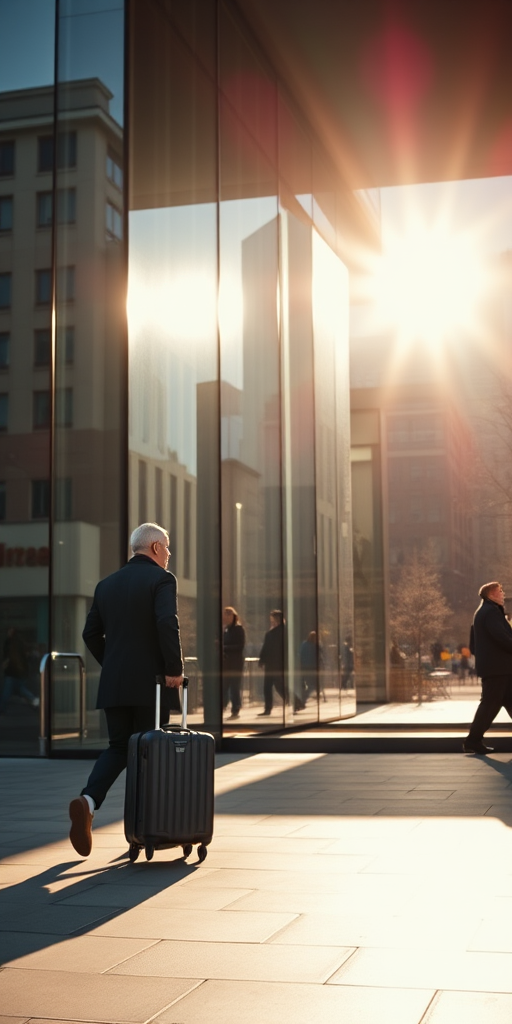 urban scene with a person pulling a suitcase reflected in a glass building under bright sunlight, focus on the reflection and details of the surroundings, taken with a DSLR camera at f/8 aperture, ISO 100, shutter speed 1/250s, wide-angle lens, daylight photography