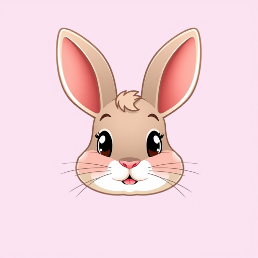 Create a cute cartoon illustration of a rabbit's head, set against a soft lavender background, using a Canon EOS 5D Mark IV at f/4, ISO 100, 50mm lens with a slight bokeh effect for depth.
