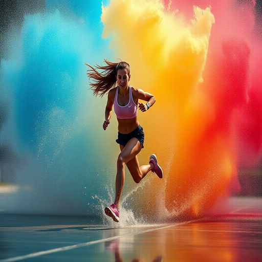 female athlete running energetically in a colorful splash background, shot with a Canon EOS R5, 85mm lens, f/1.8, ISO 100, shutter speed 1/500, natural light for vibrant colors, dynamic angle to convey motion