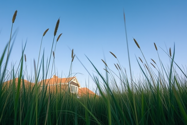 capture a serene landscape of a house partially hidden by tall grass under a clear blue sky with a wide-angle lens, ISO 100, f/11 aperture, 1/200 sec shutter speed, daylight balanced lighting, DSLR camera