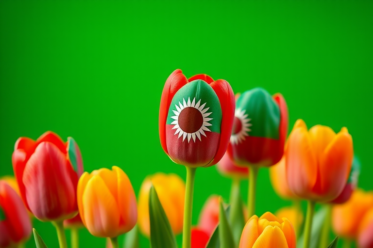 Create a high-resolution image of colorful tulips with the Tajikistan flag design on the petals, set against a vibrant green background, using a Canon EOS 5D Mark IV with a 50mm lens, aperture f/2.8, ISO 100, and a shallow depth of field for enhanced detail.