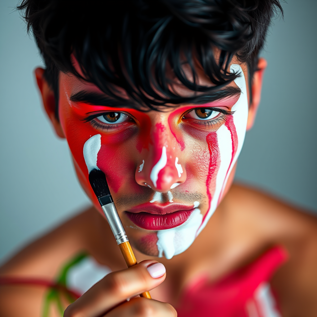 Create a stylized illustration of a person with a paintbrush applying white paint to their face, featuring vibrant colors with tear streaks, captured in high resolution using a Canon EOS R5, f/2.8 aperture, 50mm lens, natural light setup, top-down view for dramatic effect.