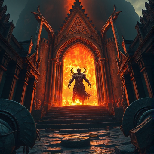 Create a highly detailed fantasy landscape featuring a demonic figure emerging from a fiery portal, surrounded by ancient stone architecture, captured with a DSLR camera, settings: ISO 100, aperture f/8, shutter speed 1/125s, wide-angle lens, dramatic lighting effects, and a low-angle view to emphasize the grandeur of the scene.
