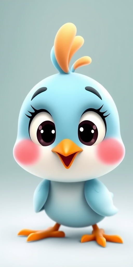 Create a cute cartoon bird character with a light blue body, large expressive eyes, pink cheeks, and a small orange beak, using a digital art style on a high-resolution canvas at 300 DPI, with a soft-focus lens effect and vibrant color saturation.