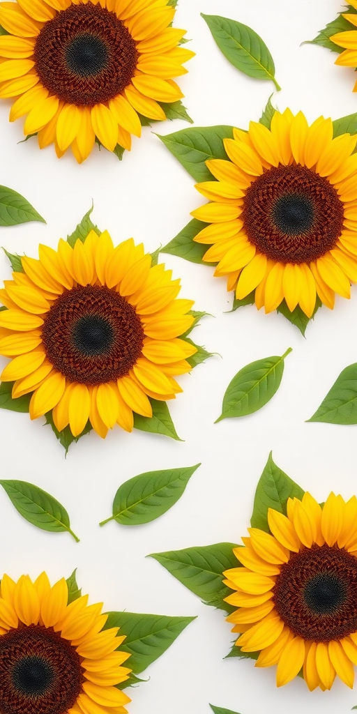 Create a seamless pattern of sunflowers and green leaves on a white background with a Canon EOS R5 camera, 50mm lens, f/8 aperture, ISO 100, and a top-down flat lay view.