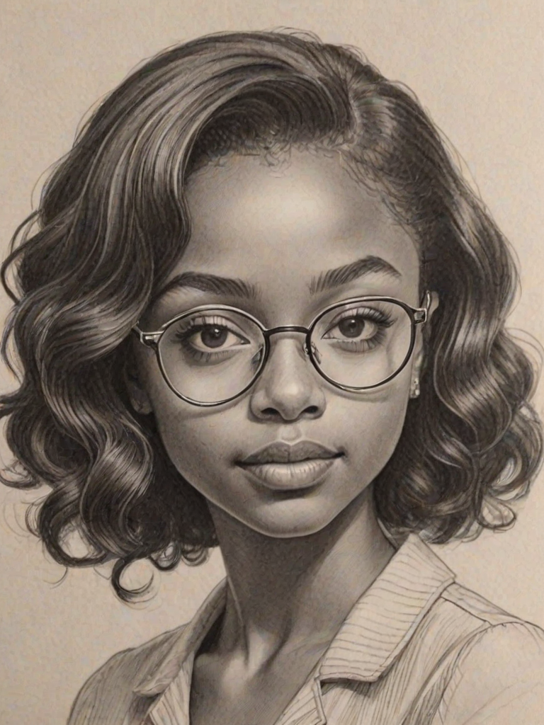 Attractive Skai Jackson, pencil sketch, portrait of Exquisite woman 1938s in glasses, hair style beatnik, outline, clear lines, fine lines, 8k