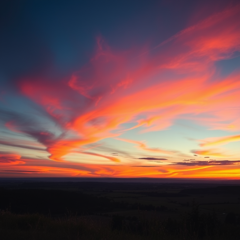 Regenerate a vibrant sunset landscape with rich colors, using a DSLR camera with a 50mm lens, aperture f/1.8, ISO 100, at a 1/200s shutter speed, shot from a low angle to capture foreground interest and a panoramic view.