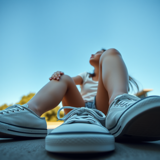 Generate an ultra-realistic, highly detailed, high-definition photograph. It's a photo of a girl sitting on the floor. She's looking at the horizon. The photo is taken from the bottom up, at ground level. The girl's sneakers are in the foreground, in the center of the scene. The girl is wearing light clothes, a t-shirt and short shorts. The sky is blue. Bright environment. The background is a blurred image of a park.
