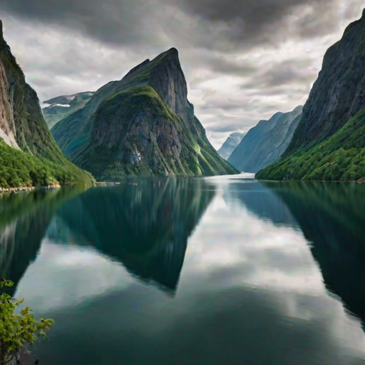 Create an image of a breathtaking fjord surrounded by steep cliffs and lush greenery under a cloudy sky, with serene waters reflecting the landscape.