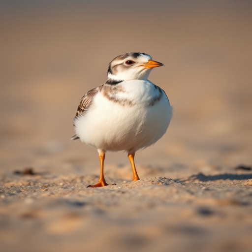 A snow bunting standing on sandy beach, shallow depth of field, f/2.8 aperture, 1/500 sec shutter speed, ISO 200, shot with a DSLR camera, 70mm lens, natural light, focus on the bird with a blurred background.