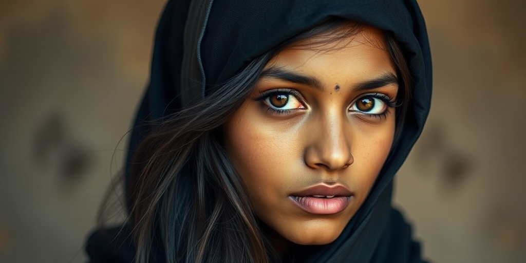 Create a portrait of a young Indian woman with long, dark hair and captivating hazel eyes. She is wearing a black headscarf and a matching scarf draped gracefully around her neck. The background is softly blurred, focusing attention on her serene and natural expression. The overall color palette is muted and warm, enhancing the intimate and authentic feel of the portrait.