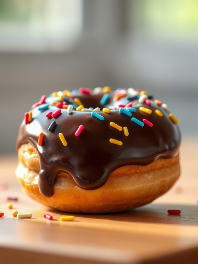 Create a highly detailed illustration of a donut with chocolate icing and colorful sprinkles, using a shallow depth of field to focus on the donut, shot at f/2.8, 50mm lens, in natural light with a soft focus background, using a DSLR camera.