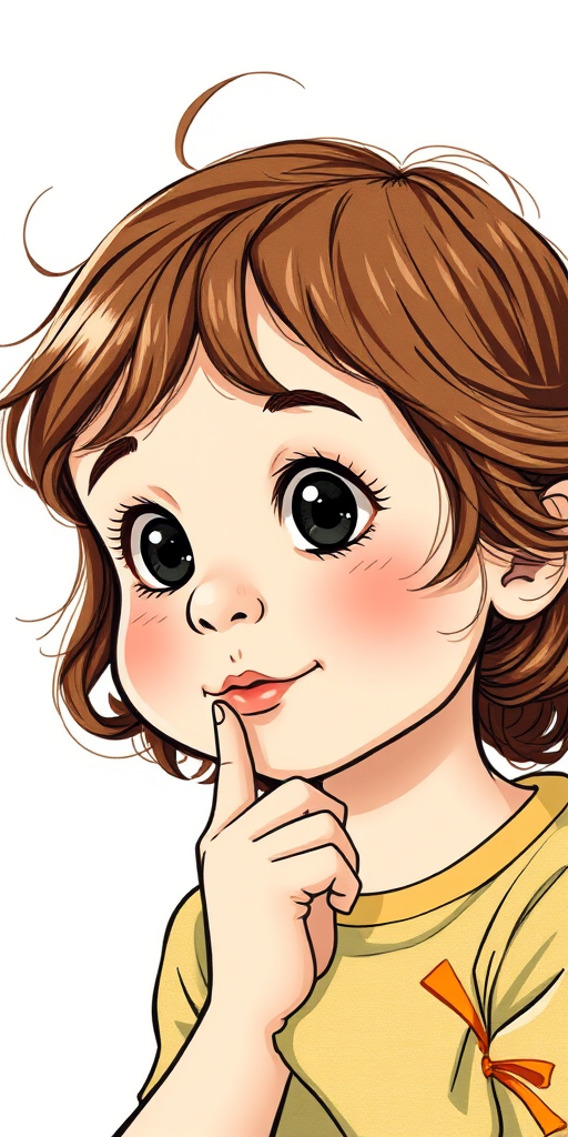 create a vintage-style illustration of a thinking child with brown hair and a playful expression, camera settings: f/2.8 aperture, 50mm lens, shooting in natural light, camera view from slightly below at eye level, using a digital illustration style for enhanced clarity and detail
