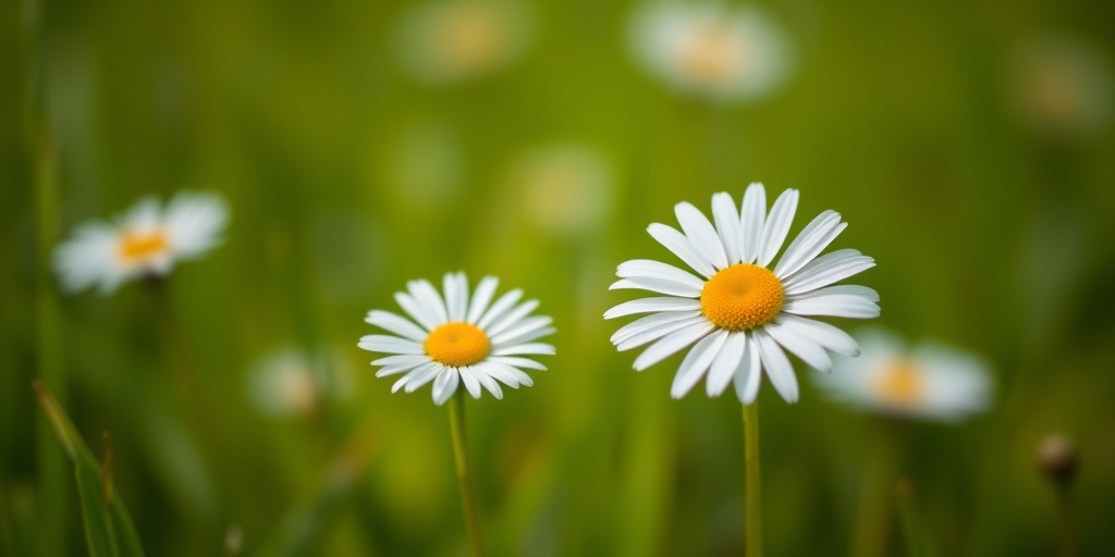 generate a close-up of a single daisy flower in a lush green field, shallow depth of field blur in the background, soft diffused lighting, taken with a DSLR camera, 50mm f/1.8 lens, ISO 100, aperture f/1.8, shutter speed 1/200s, natural colors and high detail.