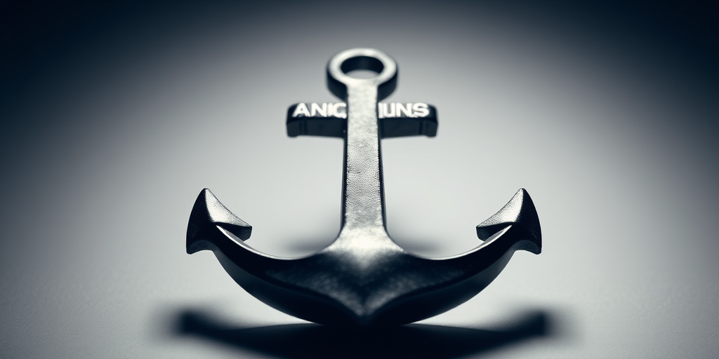 Regenerate the image of an anchor symbol, using a DSLR camera with a 50mm lens, aperture set to f/1.8 for a shallow depth of field, ISO 100 for optimal clarity, and a slight top-down angle to enhance the visual impact against a contrasting background.
