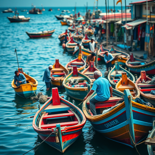 Regenerate the image of fishermen working on colorful wooden boats at a bustling port with vibrant water reflections, using a shallow depth of field, a Canon EOS R5 camera, 50mm lens, f/1.8 aperture, ISO 100, natural lighting, and a wide-angle perspective to enhance details and colors.