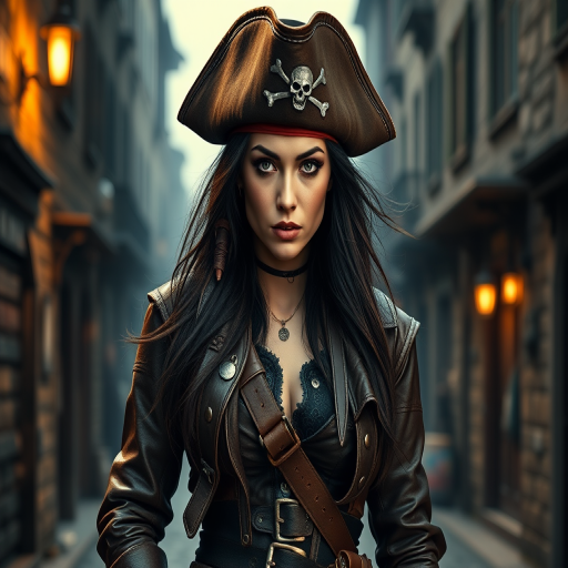 Create a portrait of a fierce female pirate. She wears a leather tricorn hat adorned with a skull and crossbones emblem, and her long, dark hair flows around her face. Her outfit consists of a richly detailed leather jacket, a corset, and multiple layers of belts and accessories, giving her a formidable and stylish appearance. She stands confidently in a dimly lit, historic port town, with a backdrop of weathered buildings and cobblestone streets, capturing the adventurous spirit of a pirate.
