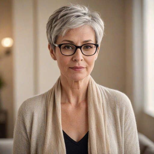 Portrait of a mature woman with short silver hair, styled in an asymmetrical pixie cut with side bangs. She wears black-framed glasses and a beige blouse with a white cardigan over it, as well as a bulky scarf in neutral tones. The woman is indoors with soft lighting and a blur in the background. Her expression is serene and confident, highlighting her elegance and modern style.