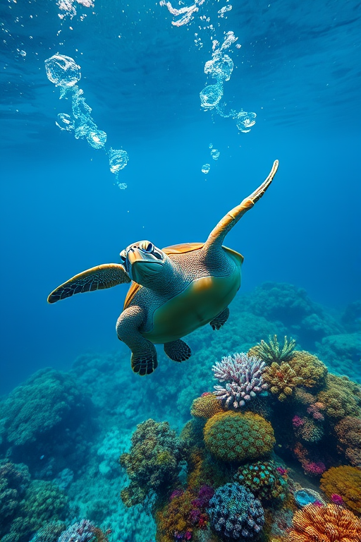 regenerate an underwater scene featuring a sea turtle swimming gracefully among vibrant coral reefs, with bubbles rising around it, use a Canon EOS R5 with a 24-70mm f/2.8 lens, aperture set to f/5.6, shutter speed 1/200s, ISO 100, shot in macro mode at a wide angle for enhanced detail and clarity