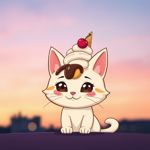 create a cute cartoon illustration of a cat with a whimsical ice cream cone hairstyle topped with chocolate syrup and a cherry, set against a pastel sky at sunset, use a Canon EOS R5 with 50mm f/1.2 lens, aperture set to f/2.8, ISO 200, and a soft focus background to enhance colors and details