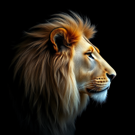 Regenerate an image of a lion's profile against a black background, using a Canon EOS R5 camera, 85mm lens at f/1.4, ISO 100, with high dynamic range and soft lighting to enhance details and textures.