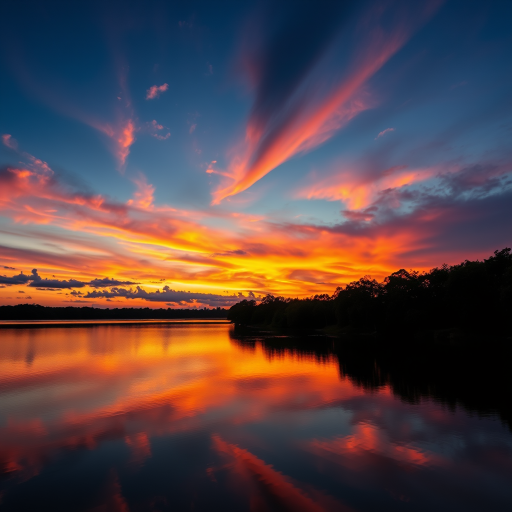 Capture a vibrant sunset over a tranquil lake, with reflections of colorful clouds on the water, using a Canon EOS 5D Mark IV, 50mm lens, aperture f/8, shutter speed 1/125 sec, ISO 100, in landscape orientation, with a wide-angle view for enhanced depth and richness in colors.