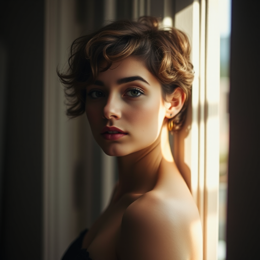 portrait of a person with short curly hair softly leaning against a doorway with natural light casting dramatic shadows, aperture f/2.8, shutter speed 1/125s, ISO 200, 50mm lens, taken with a full-frame DSLR, soft focus background, capturing intimate mood and warm tones