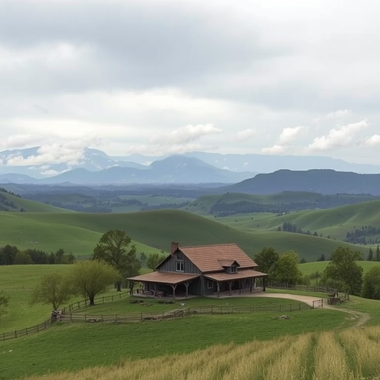 Regenerate the image of a serene landscape featuring a rustic farmhouse surrounded by lush green hills and distant mountains under an overcast sky, using a DSLR camera with a 24mm lens, aperture set to f/8 for sharp depth of field, ISO 200 for clarity, and captured from a high vantage point for an expansive view.