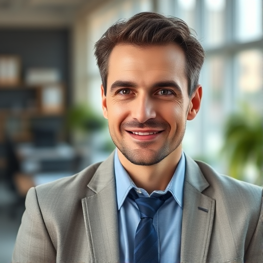 portrait of a confident businessman in a modern office setting, soft natural lighting, shallow depth of field, 50mm f/1.8 lens, ISO 200, aperture f/2.8, shutter speed 1/125s, taken with a full-frame DSLR camera, focus on subject with blurred background.