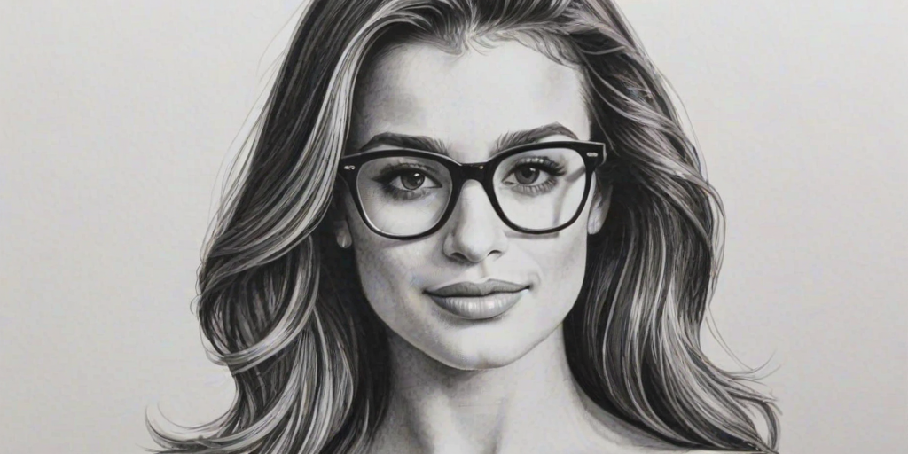 Magnificent Lea Michele, pencil sketch, portrait of Graceful woman 1975s in glasses, hair style beatnik, outline, clear lines, fine lines, 8k