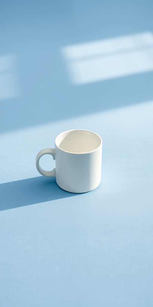 A minimalist scene featuring a white ceramic mug centered on a smooth blue tablecloth, captured with a Canon EOS R5 camera at f/2.8, ISO 100, 1/125s, using a 50mm lens, with soft diffused natural lighting for enhanced image quality and clarity.