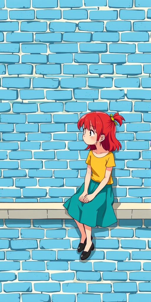 Create an illustration of a character sitting on a ledge against a textured blue brick wall, featuring a girl with red hair wearing a yellow top and teal skirt, using a Canon EOS R5 with a 50mm lens, f/1.8 aperture, ISO 100, and a soft focus effect to enhance vibrancy and depth.