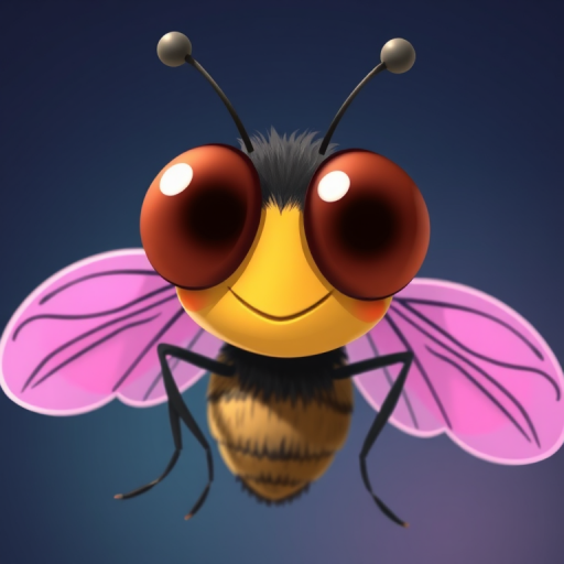 Create a high-resolution illustration of a cartoon fly with oversized eyes and pink wings, using a Canon EOS R5 with a 50mm f/1.2 lens, aperture set to f/2.8, 1/200s shutter speed, and ISO 100 for bright, vibrant colors and sharp details, in a playful and whimsical style.