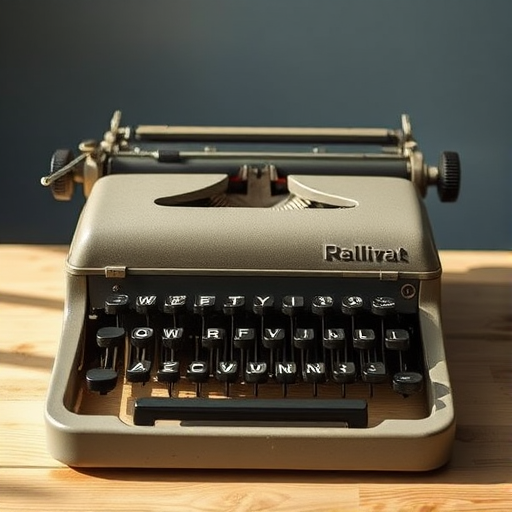 Regenerate a vintage typewriter image, using a Canon EOS R5, 50mm lens, f/1.8 aperture, 1/125s shutter speed, in a frontal view with natural light to enhance details and contrast.