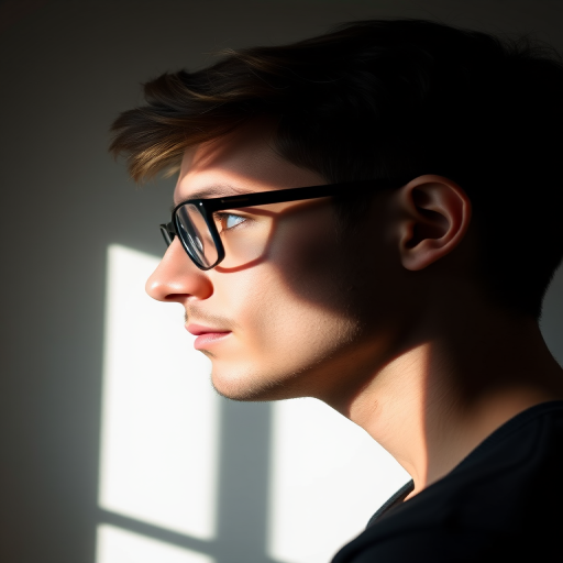 Create a high-resolution profile portrait of a young man with glasses, captured in low light to emphasize shadows, using a DSLR camera with a 50mm lens at f/1.8, ISO 200, and a shutter speed of 1/60 seconds, in a studio setting with soft lighting to enhance facial features.