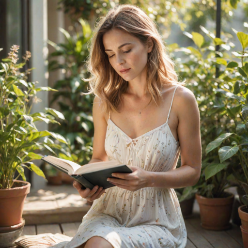 Soft-focus image of a woman reading a book on a sunny terrace, dressed in a light sundress, with plants cascading around her and a gentle breeze rustling the pages.