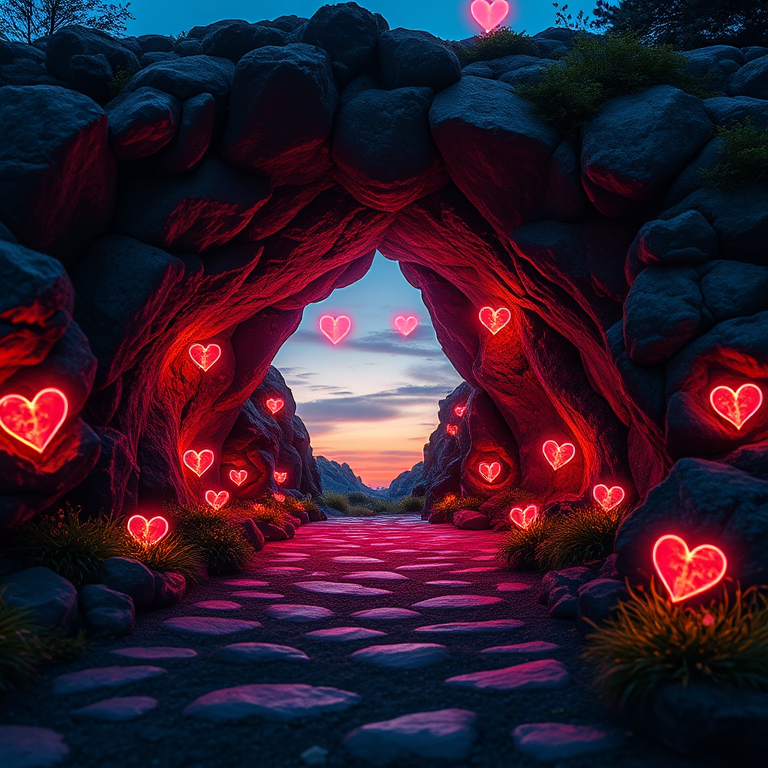 Create a vibrant fantasy scene of a magical cave entrance with glowing hearts floating around, set at twilight, using a DSLR camera with a 24mm lens, aperture at f/2.8, ISO 200, capturing in HDR with a wide-angle view for enhanced detail and color depth.