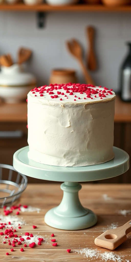 Create an image of a round white cake decorated with small red heart sprinkles on the sides placed on a light green cake stand with a blurred kitchen background and some baking utensils nearby.