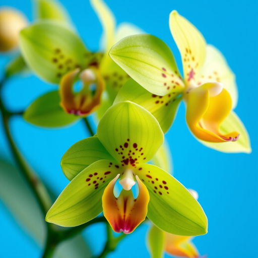 high-resolution macro shot of vibrant green and black-spotted orchids against a bright blue background, aperture f/2.8, shutter speed 1/125s, ISO 100, taken with a Canon EOS 5D Mark IV using a 100mm macro lens in natural light, sharp focus on flowers with a softly blurred background