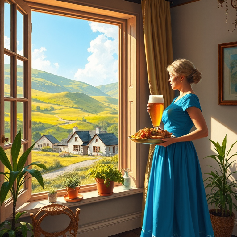 In "A Glass of Beer on the Highland," a serene scene is depicted in a sunlit room where a woman in a vibrant blue dress stands by a large window. She holds a tray with a hearty meal and a frothy glass of beer, embodying a moment of relaxation. Outside, the breathtaking highland landscape features rolling green hills and a charming traditional house, all bathed in warm afternoon light. The interior is adorned with potted plants, creating a harmonious blend of comfort and nature. The painting beautifully captures the tranquility and joy found in simple pleasures amidst stunning scenery