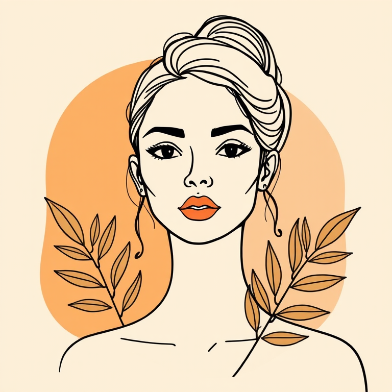 Create a minimalist line art portrait of a woman with large outlined features, surrounded by abstract shapes in soft earth tones like beige, terracotta, and cream, with tropical leaves incorporated into the design, captured with a DSLR camera at f/2.8 aperture, ISO 100, 50mm lens, soft natural lighting, shot from a straight-on view to emphasize the artwork.