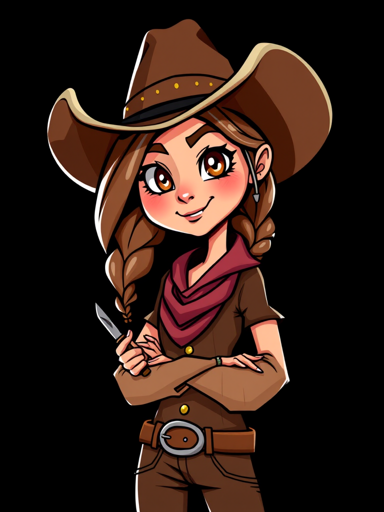 Create a detailed, vibrant cartoon character of a cowgirl with a stylish cowboy hat, confident expression, holding a small knife, wearing a brown outfit, against a plain black background, shot with a DSLR camera at f/2.8, ISO 100, 50mm lens, in a soft light setting to enhance colors and details.